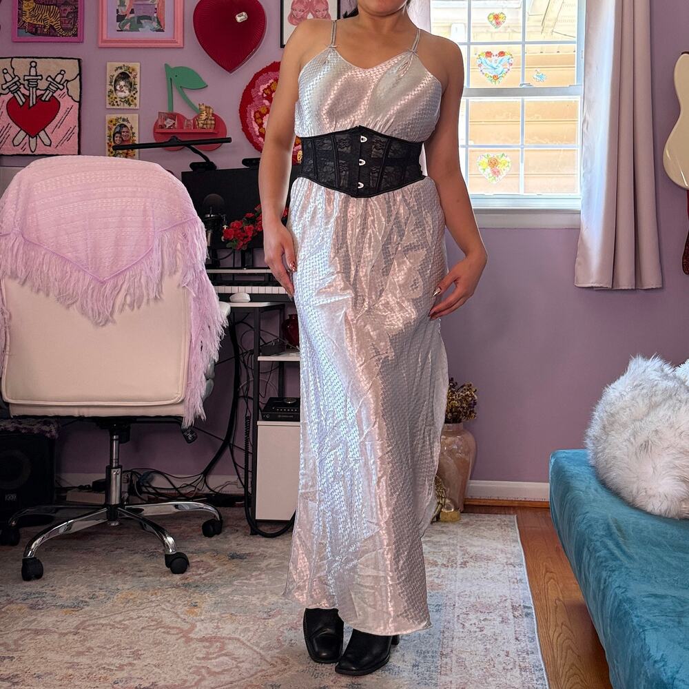 Vintage 80s / 90s retro silver satin maxi slip dress